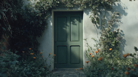A serene image of a lush green garden encompassing a rustic front door, surrounded by vibrant plants and flowers, creating a tranquil atmosphere.の素材