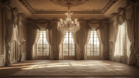This image features an empty luxurious classic room filled with natural light, showcasing elegant decor, ornate details, and a serene atmosphere ideal for various uses.の素材