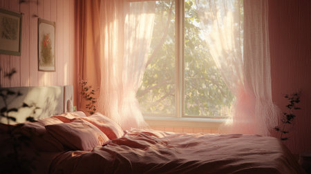 Discover an elegant and dreamy bedroom filled with soft morning light. This serene space features gentle curtains, cozy bedding, and a touch of nature. Ideal for creating a tranquil atmosphere.の素材