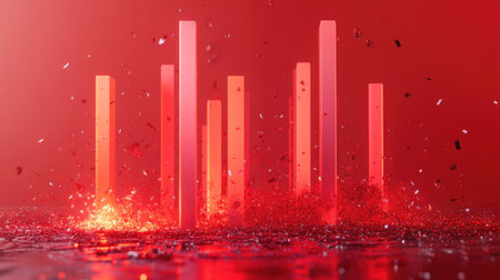 A captivating 3D render featuring vibrant red bars rising from a reflective surface, set against an abstract background, showcasing light and dynamic visuals.の素材