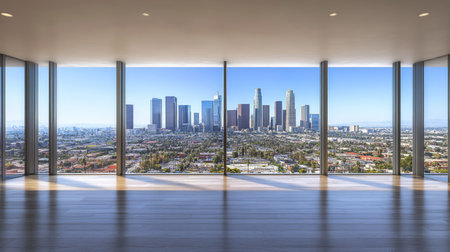A modern empty interior features large windows showcasing a stunning city skyline. The space emphasizes light and minimalism, perfect for real estate visuals.の素材