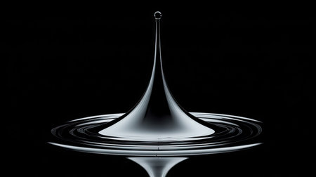 Experience the beauty of a single raindrop captured in a mesmerizing close-up. This artistic image showcases the dynamics of water against a striking black background.の素材