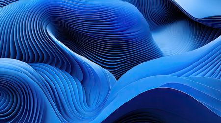 This modern abstract design features a vibrant blue geometric background with smooth waves and unique patterns, perfect for digital art or contemporary projects.の素材