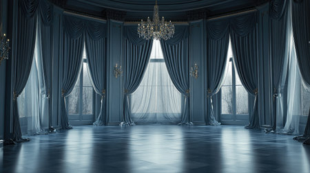 Experience the beauty of an elegant classic interior featuring soft drapes and stunning chandeliers. The serene ambiance creates a luxurious atmosphere perfect for various design projects.の素材