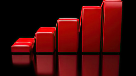 This vibrant stock image features a series of red bars representing growth on a sleek black background, perfect for business and finance presentations or infographics.の素材