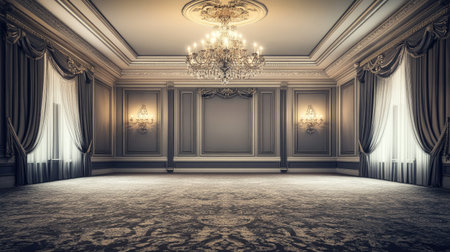 Spacious and elegant classic interior featuring an ornate chandelier, designed to evoke a sense of luxury and refined beauty. Ideal for visual inspiration.の素材