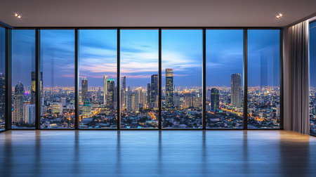 Experience the vastness of this spacious empty room featuring floor-to-ceiling windows. Enjoy breathtaking city views and modern design aesthetics in a tranquil setting.の素材