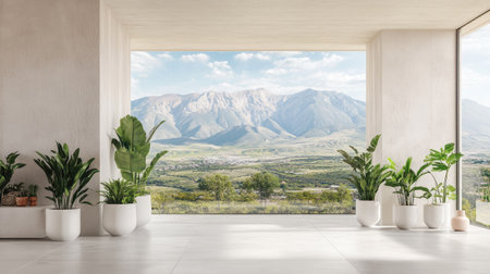 This modern minimalist interior features expansive views of mountains, accented by vibrant greenery. A serene space that blends nature and contemporary design.の素材