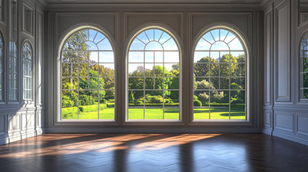 A spacious luxury room featuring elegant classical design elements, large windows, and a breathtaking view of lush greenery. Perfect for various creative projects.の素材
