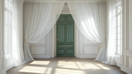 Discover a stunning classic interior featuring elegant draped curtains and a serene color palette. Ideal for design, real estate, or renovation projects.の素材