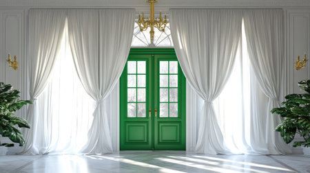 This stunning classic interior features elegant green double doors flanked by white drapes, allowing natural light to illuminate the serene space, enhanced by lush plants.の素材