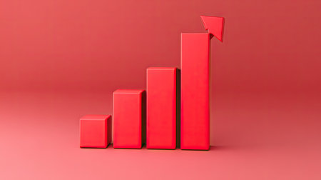 This striking red bar graph visualizes upward growth trends, making it perfect for business or marketing presentations. Its bold design captures attention and conveys success.の素材