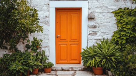 A vibrant orange door stands out against a rustic white stone wall, framed by lush green plants, creating an inviting and charming entrance to this lovely home.の素材