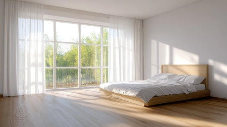 A serene 3D render depicting an empty bedroom with large windows letting in natural light, showcasing a peaceful and minimalistic interior design, perfect for relaxation.の素材