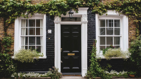 A picturesque black cottage featuring a stunning door framed by lush greenery and charming floral accents, embodying a serene and inviting atmosphere.の素材