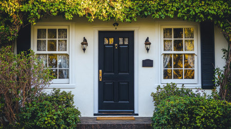 A charming black cottage door framed by lush green vines, bathed in warm light. This inviting entrance showcases traditional architecture and natural beauty.の素材