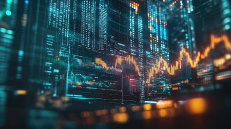 Explore a vibrant abstract background showcasing dynamic data visualization. This eye-catching design features layered digital elements and vivid colors, perfect for technology and financial themes.の素材