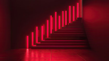 This visually striking 3D render features a red-lit staircase with sleek lines and modern design. The dramatic lighting creates a captivating ambiance perfect for contemporary interiors.の素材