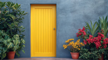This image features a vibrant yellow door set against a gray wall, surrounded by colorful flowers and lush green plants in pots, creating a cheerful and inviting atmosphere.の素材