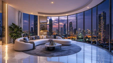 This elegant empty interior space features a modern curved sofa and large windows showcasing a stunning urban skyline at night, creating a serene ambiance.の素材