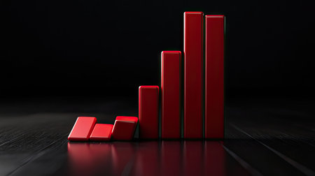 This striking image features red bar graphs rising against a dark background, ideal for presentations on business growth, performance analysis, and statistics.の素材