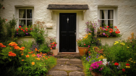 A charming black door framed by vibrant flower pots creates an inviting entrance. The colorful blooms enhance the quaint homely feel surrounded by natural beauty.の素材