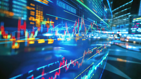 This abstract artistic representation showcases the flow of data and technology in a dynamic digital world, utilizing vibrant colors and visual patterns.の素材