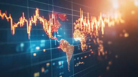 This image showcases a dynamic visual representation of global economic trends, highlighting market data and analytics that drive investment and business strategies.の素材