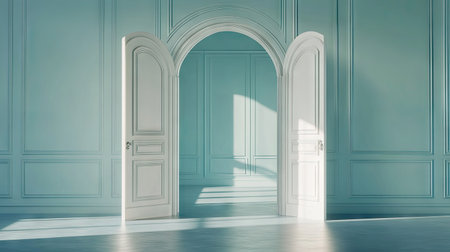 An inviting scene featuring open white double doors in a serene interior, bathed in soft light, showcasing elegant architecture and peaceful ambiance.の素材