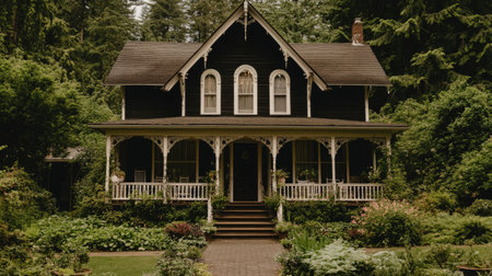 This charming black home showcases a stately design with a welcoming front porch, surrounded by lush greenery and beautiful gardens, perfect for photography.の素材