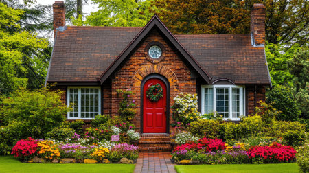 A charming red brick house featuring a vibrant red door, surrounded by lush gardens and colorful flowers, creates a cozy and inviting atmosphere in a picturesque setting.の素材