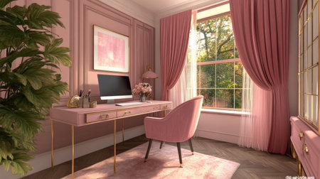 This 3D illustration showcases a chic home office with elegant design elements. The warm pink tones, stylish furniture, and natural light create a cozy and inspiring workspace.の素材