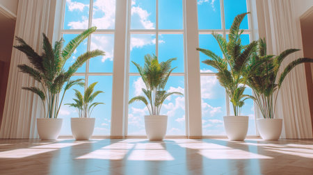 Bright and modern interior showcasing large windows and lush plants, creating an inviting and tranquil atmosphere perfect for contemporary living.の素材