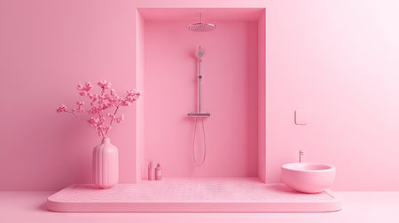 Discover a serene pink shower illustration featuring minimalist design elements and floral decor, perfect for adding a touch of tranquility to any modern bathroom space.の素材