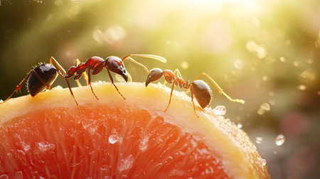 Ants foraging on a piece of fruit with a soft-focus background providing ample room for copy.の素材