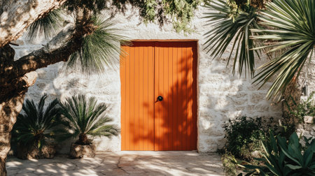 A striking bright orange door set against a textured white stone wall, surrounded by lush greenery. This inviting scene exudes warmth and vibrancy.の素材