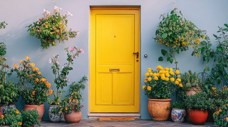 A charming yellow door stands out against gray walls, surrounded by colorful flower pots, creating a vibrant and inviting atmosphere for any home.の素材