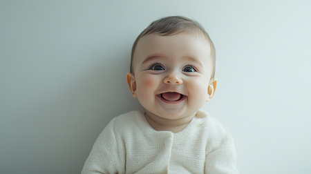 Baby smiling at the camera with a blank wall behind them, leaving space for copy.の素材