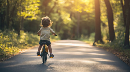 Child riding a bike on a paved road with trees in the background, leaving space for copy above.の素材