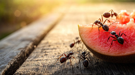 Ants exploring a piece of fruit on a wooden table with ample space on the left for copy.の素材