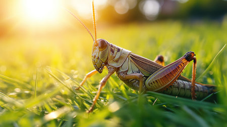 Close-up of a grasshopper on a grassy field, with plenty of room for copy in the top portion of the imageの素材