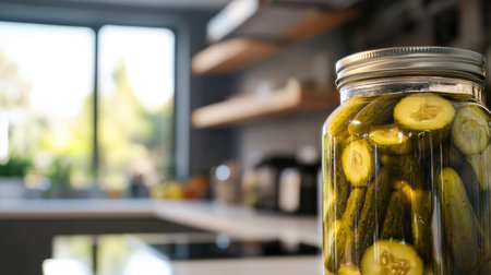 Close-up of a jar of pickles with a blurred kitchen background, leaving space on the right for copy.の素材