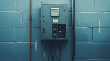 Close-up of a breaker panel with an empty wall behind for text or branding.の素材