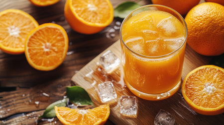 Close-up of a freshly made orange juice with a few ice cubes, set on a wooden surface with whole and sliced oranges nearby.の素材
