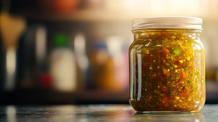 Close-up of a jar of relish with a clean countertop background providing ample space for copy.の素材