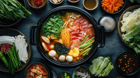 Close-up of a Shabu-Shabu hot pot with various ingredients cooking, surrounded by plates of fresh vegetables and dipping sauces.の素材