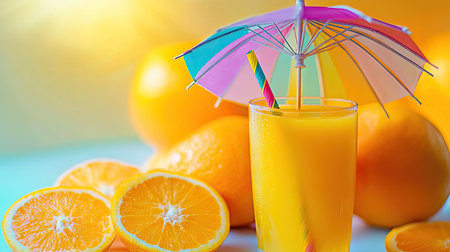 Close-up of a freshly squeezed orange juice with a colorful umbrella and straw, placed on a bright summer table with sliced oranges.の素材