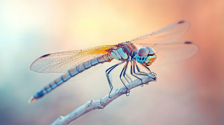 Close-up of a dragonfly resting on a twig, with ample room for text in the blurred background.の素材