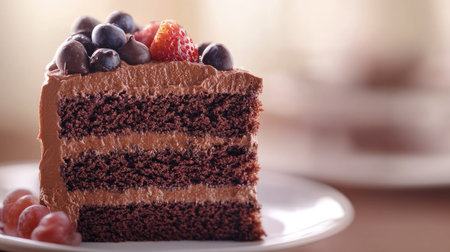 Close-up of a rich and creamy chocolate cake slice, with a soft-focus background offering ample space for text.の素材