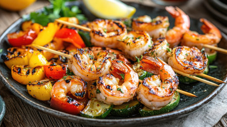 Close-up of a platter of grilled shrimp skewers with a side of colorful grilled vegetables, set on a rustic wooden table.の素材